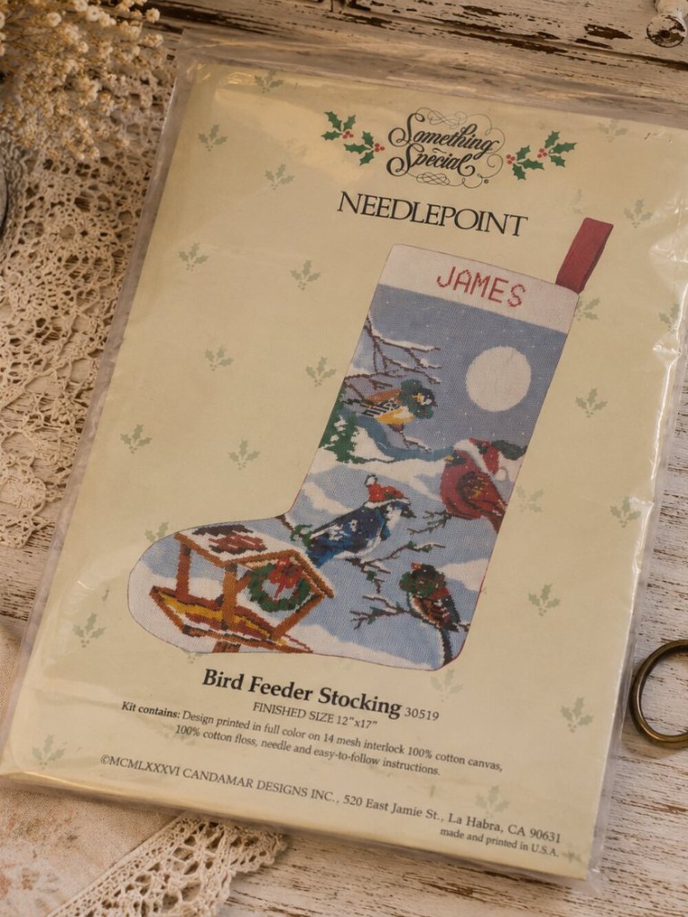 Vintage 1986 Candamar Bird Feeder Christmas Needlepoint Stocking Kit 12x17